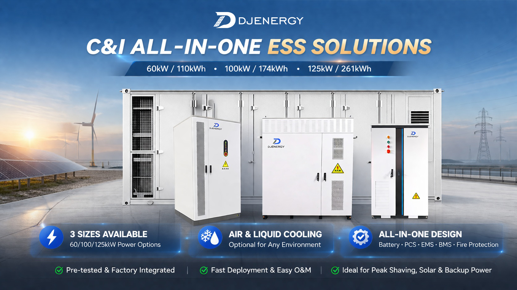 DJENERGY C&I ESS cabinet with 60kW/110kWh, 100kW/174kWh, and 125kW/261kWh options